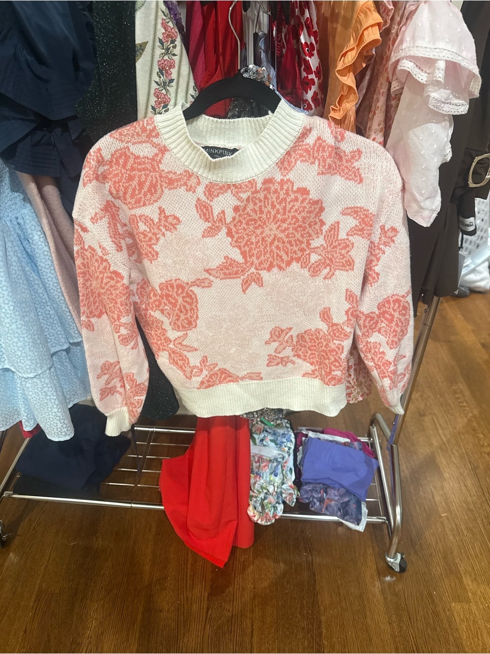 MINKPINK Cream and Coral Floral Crewneck Sweater